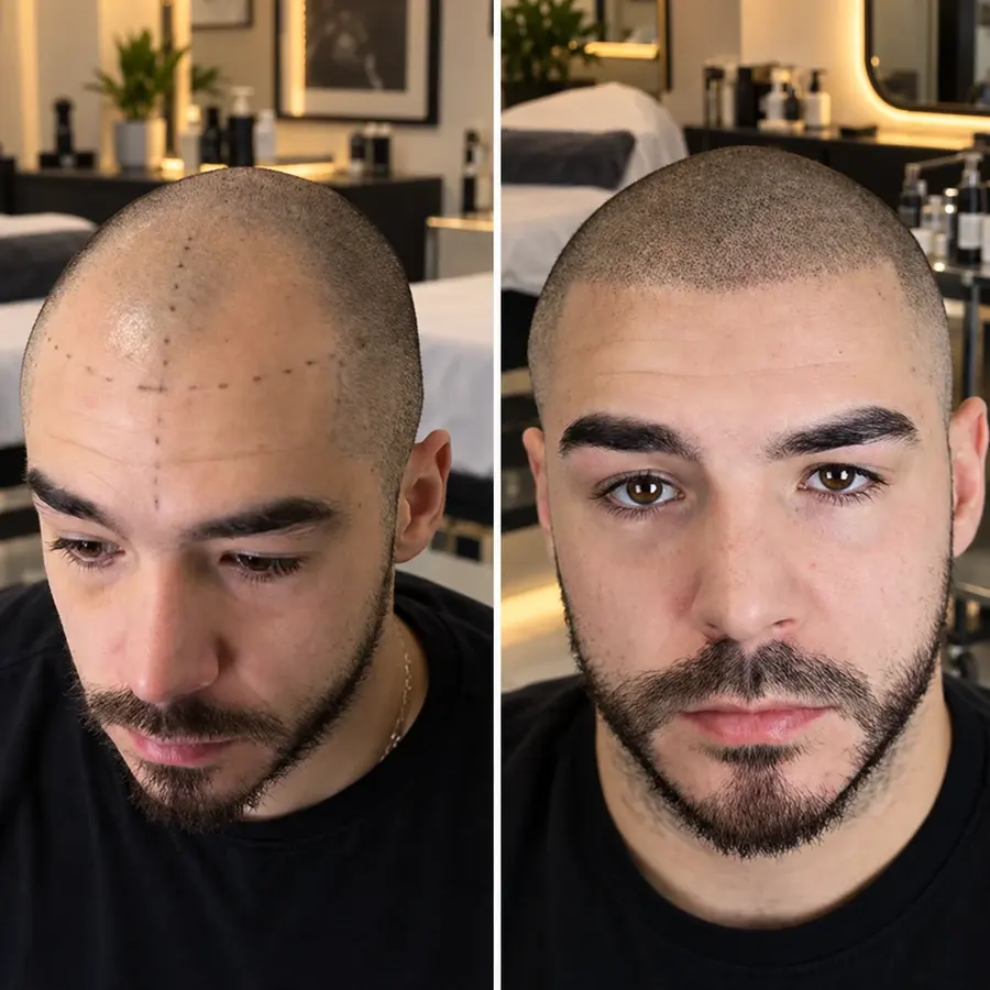 Resultado de un alumno del curso: antes y después de micropigmentación capilar